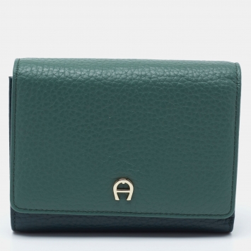 Pre Owned Aigner Two Tone Green Grained Leather Trifold Wallet