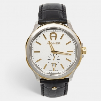 Pre Owned Aigner Silver Two Tone Stainless Steel Leather Sorrento A110100 Men's Wristwatch 44 mm