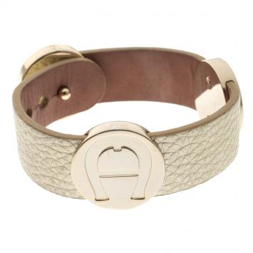 Pre Owned Aigner Logo Gold Tone Wide Leather Bracelet