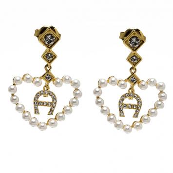 Pre Owned Aigner Heart Faux Pearl Gold Tone Drop Earrings