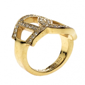 Pre Owned Aigner Interlocking Logo Crystal Gold Tone Ring Size 52