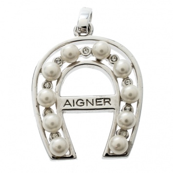 Pre Owned Aigner Horseshoe Crystal Faux pearl Silver Tone Pendant