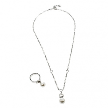 Pre Owned Aigner Faux Pearl Silver Tone Ring  & Chain Necklace Set