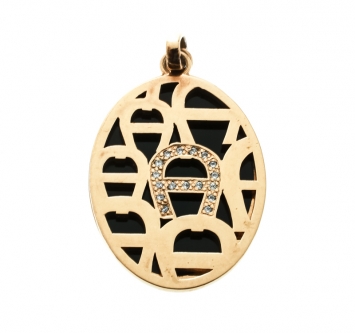 Pre Owned Aigner Crystal Black Enamel Gold Tone Dual Charm Pendant
