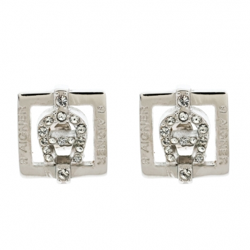 Pre Owned Aigner Logo Crystal Studded Silver Tone Stud Earrings