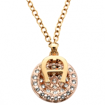 Pre Owned Aigner Logo Crystal Two Tone Metal Pendant Necklace