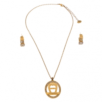 مملوكة مسبقًا Aigner Logo Crystal Gold Tone Earring Necklace Set