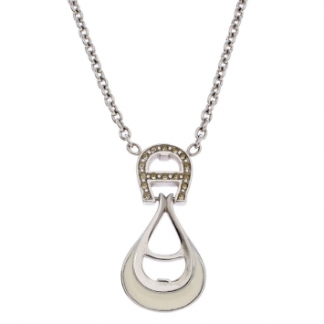 Pre Owned Aigner Crystal Studded Logo Rhodium Plated Necklace