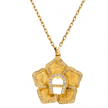 Pre Owned Aigner Gold Tone Crystal Flower Pendant Necklace