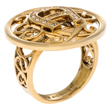 Pre Owned Aigner Gold Tone Crystal Embellished Logo Ring Size 56