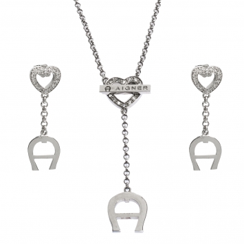 Pre Owned Aigner Crystal Heart Silver Tone Earrings & Necklace Set