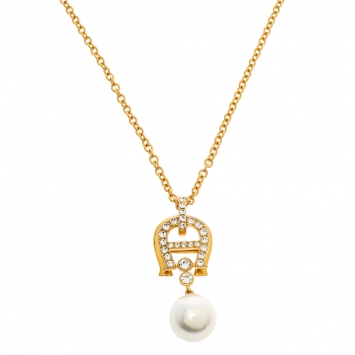 Pre Owned Aigner Crystal Faux Pearl Gold Tone Long Pendant Necklace