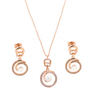 Pre Owned Aigner Crystal Faux Pearl Rose Gold Tone Earrings & Pendant Chain Set