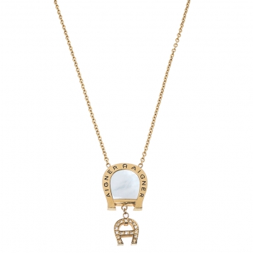 Pre Owned Aigner Mother of Pearl Pendant Crystal Logo Drop Necklace