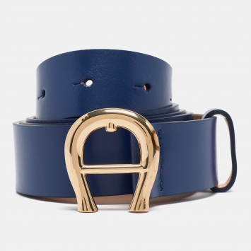 Pre Owned Aigner Blue Leather Logo Buckle Belt 95CM