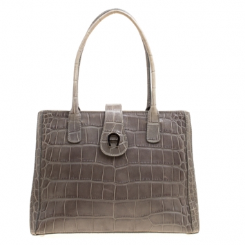 Pre Owned Aigner Grey Croc Embossed Leather Tote