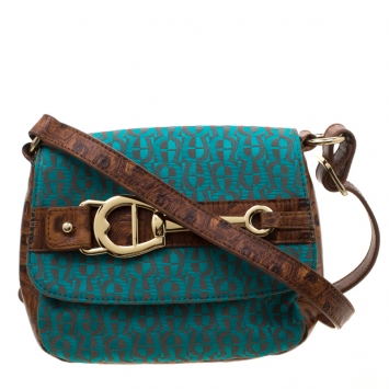 Pre Owned Aigner Brown/Teal Signature Canvas and Leather Crossbody Bag