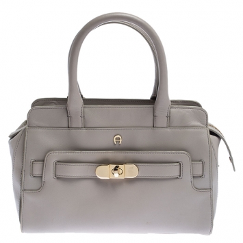 Pre Owned Aigner Light Grey Leather Turnlock Shoulder Bag