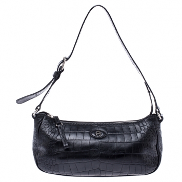 Pre Owned Aigner Black Croc Embossed Leather Shoulder Bag