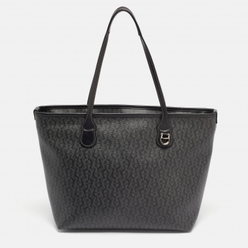 Pre Owned Aigner Black/Grey Monogram Coated Canvas and Leather Top Zip Tote