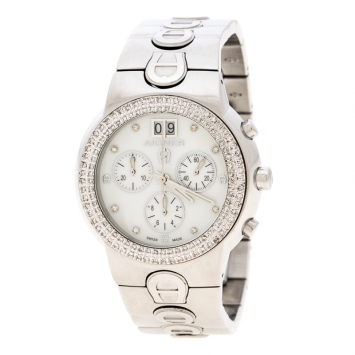 Pre Owned Aigner White Mother of Pearl Stainless Steel and Diamonds Ancona A18100 Women's Wristwatch 40 mm