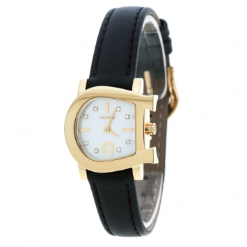 Pre Owned Aigner White Mother of Pearl Gold Plated Stainless Steel Genua Due A31000 Women's Wristwatch 27 mm
