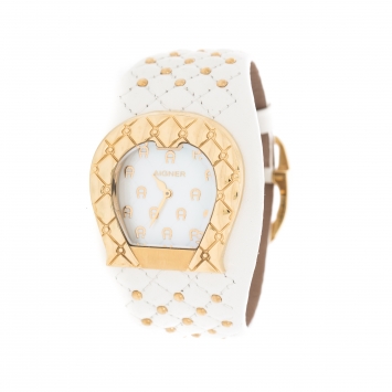 Pre Owned Aigner White Mother of Pearl Gold Plated Stainless Steel L'Aquila A41200 Women's Wristwatch 36 mm