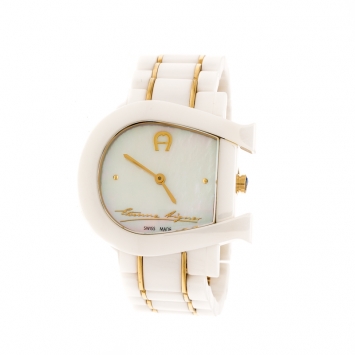 Pre Owned Aigner White Mother of Pearl Two Tone Stainless Steel Ceramic Genua Due A31600 Women's Wristwatch 33 mm
