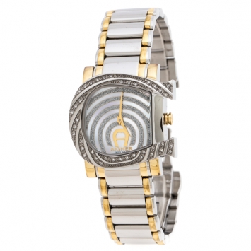 Pre Owned Aigner White Mother of Pearl Two-Tone Stainless Steel Diamonds Genua Due A31600 Women's Wristwatch 31 mm