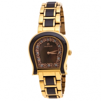 Pre Owned Aigner Brown Mother of Pearl Brown Ceramic Gold Plated Stainless Steel Altamura A56000 Women's Wristwatch 34 mm