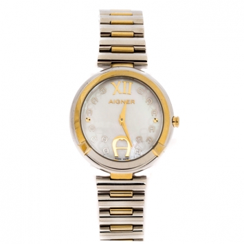 Pre Owned Aigner Mother Of Pearl Two-Tone Stainless Steel Gorizia A106200 Women's Wristwatch 33 mm
