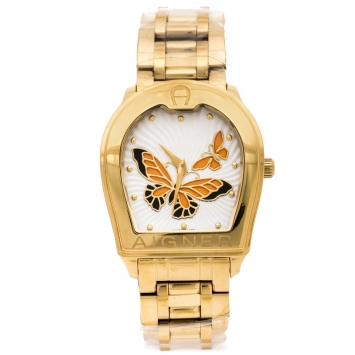 Pre Owned Aigner Silver Orange Butterfly Motif Gold Plated Stainless Steel Verona A48300 Women's Wristwatch 36 mm