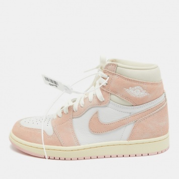 Pre Owned Air Jordans Pink/White Suede and Leather Air Jordan 1 Sneakers Size 37.5