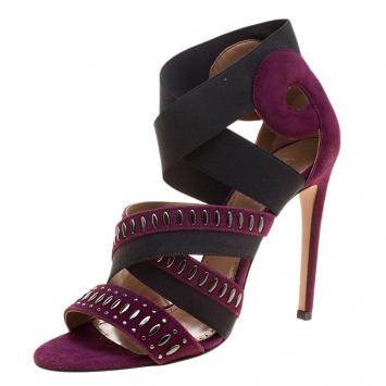 Pre Owned Alaia Bordeaux Studded Suede Cross Strap Peep Toe Sandals Size 38