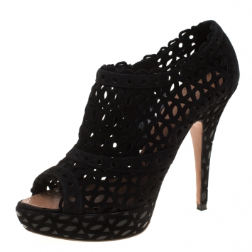 Pre Owned Alaia Black Laser Cut Suede Peep-Toe Platform Booties Size 39
