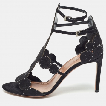 Pre Owned Alaia Black Suede Crystal Embellished Ankle Strap Sandals Size 38.5