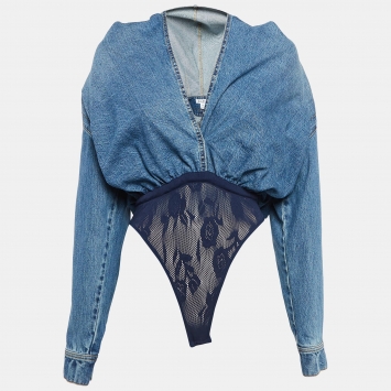 Pre Owned Alaia Blue Denim Plunge Neck Hooded Bodysuit S