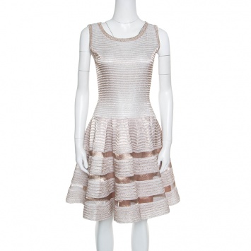 Pre Owned Alaia Gold Striped Knit Sleeveless Fit and Flare Dress L