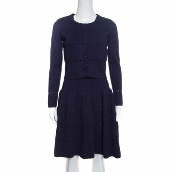 مملوكة مسبقًا Alaia Navy Blue Wool Blend Cropped Cardigan and Flared Dress Set M