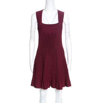Pre Owned Alaia Maroon Pleated Square Neck Sleeveless Dress M