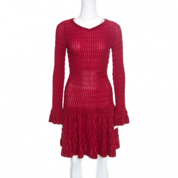 Pre Owned Alaia Red Chenille Wool Patterned Long Sleeve Skater Dress M