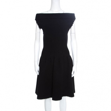 Pre Owned Alaia Black Patterned Jacquard Knit Off Shoulder Dress L