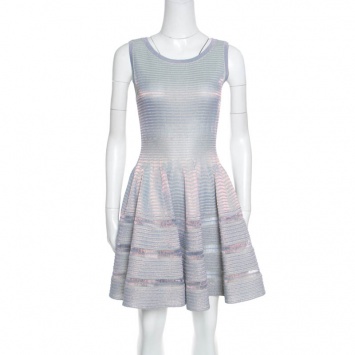 Pre Owned Alaia Silver Striped Knit Sleeveless Fit and Flare Dress M