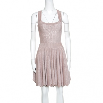 مملوكة مسبقًا Alaia Beige Perforated Knit Zig Zag Bottom Square Neck Mantille Dress M
