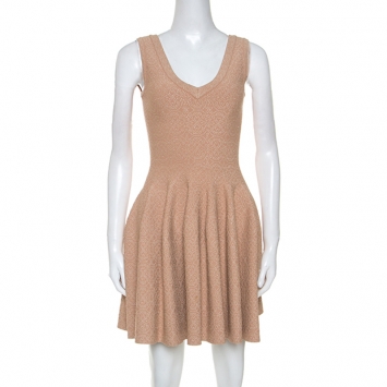 Pre Owned Alaia Beige Jacquard Knit Sleeveless Skater Dress S 