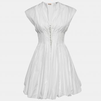 Pre Owned Alaia White Cotton Pleated Poplin Corset Dress M