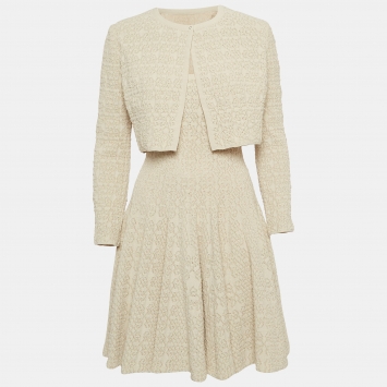 مملوكة مسبقًا Alaia Beige Tweed Cropped Cardigan and Flared Mini Dress Set L
