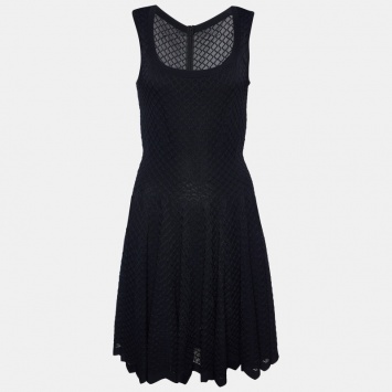 Pre Owned Alaia Black Embroidered Stretch Knit Flared Midi Dress L