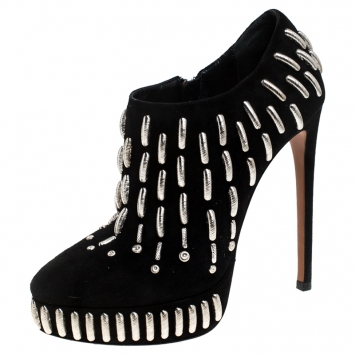 Pre Owned Alaia Black Suede Embellished Platform Ankle Boots Size 36