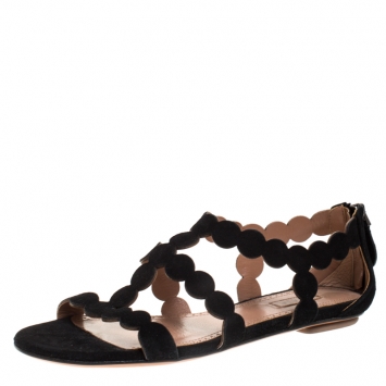 Pre Owned Alaia Black Laser Cut Suede Open Toe Flat Sandals Size 36